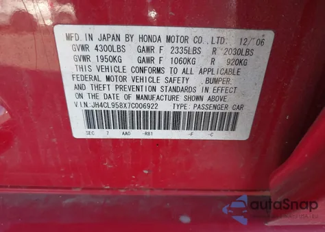 2007 Acura Tsx from USA, damaged, VIN JH4CL958X7C006922